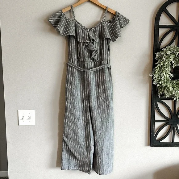 Umgee Pants Jumpsuits Umgee Graywhite Striped Cold Shoulder